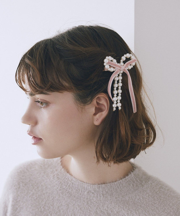 Maison de FLEUR パールベロアリボン2セットクリップ Pink