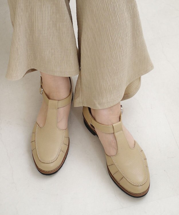 Pointer 本革 通気性Tストラップパンプス ベージュ
