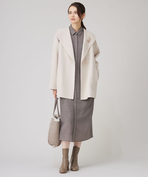 自由区 S ウールリバーショート コート ベージュヘリンボン