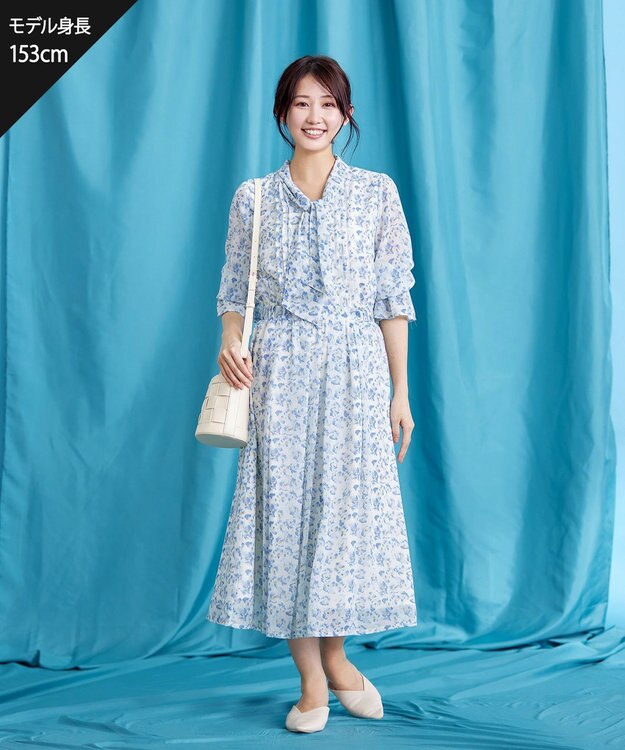 Tiaclasse 【洗える】プリントボウタイ柄ワンピース ブルー