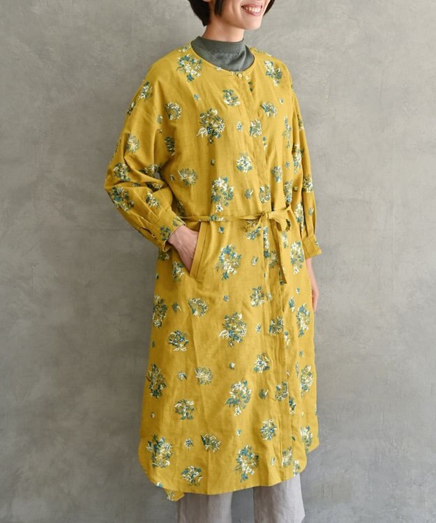 muuc 〈2WAY〉〈コットン×リネン〉〈高品質なドライタッチ生地〉〈遠州織物の工場で織られた上質なコットン生地〉野小花刺繍 羽織り＆ワンピースドレス イエロー