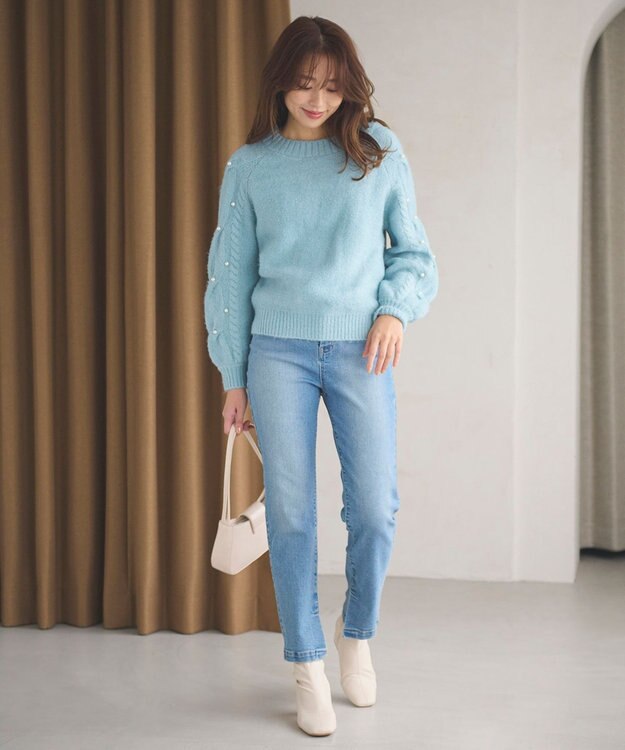 Feroux 【洗える】パールスリーブ ケーブルニット グリーン系