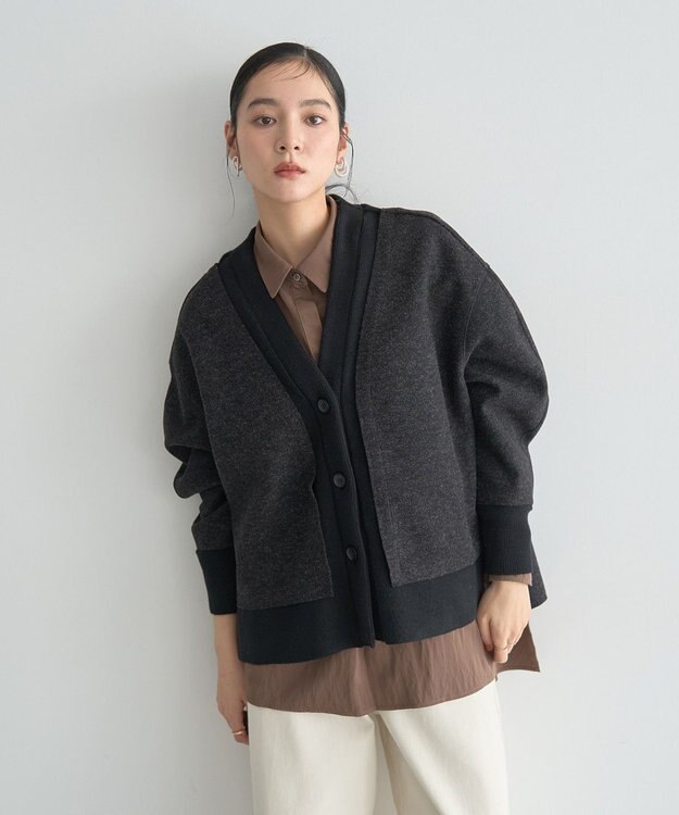 YECCA VECCA ニット切替メルトンVネックカーディガン Charcoal Gray