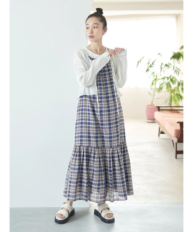 earth music&ecology マドラスチェックキャミワンピース Navy