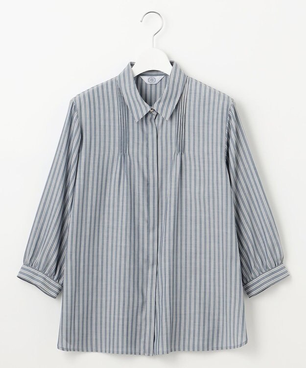J.PRESS LADIES 【洗える】ウォッシャブルキュプラツイル ピンタック ブラウス ネイビーシャンブレーストライプ系