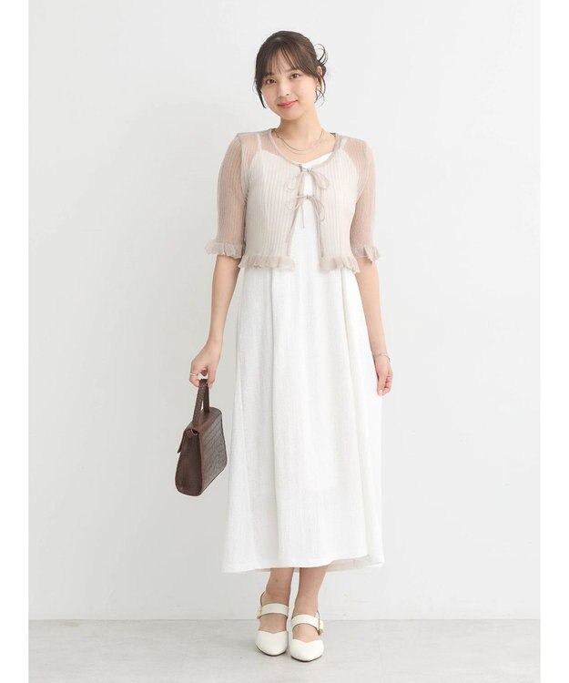 earth music&ecology シアーラメフリルカーディガン Gray Beige