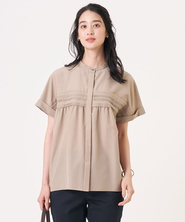 J.PRESS LADIES ソフトシアークロス フレンチスリーブ ブラウス キャメルベージュ系