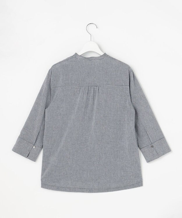 J.PRESS LADIES リネンminiチェック バンドカラー ブラウス ネイビーギンガム系