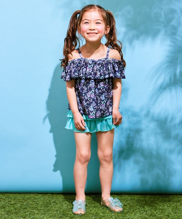 ANY KIDS 花柄×ドット柄 セパレート 水着 ネイビー花柄×ミントドット