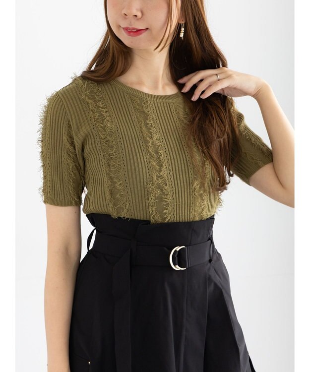 Te chichi フリンジニットハーフスリーブトップス カーキ