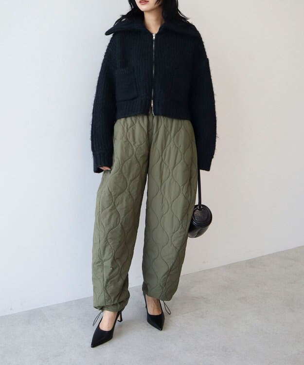 Green Parks フロントジップビックカラーニットブルゾン Navy