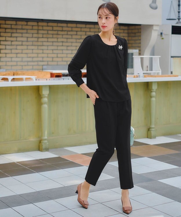 Tiaclasse L 【洗える】袖レースはさみこみシャツ ブラック