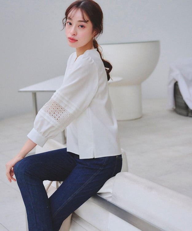 Tiaclasse L 【洗える】袖レースはさみこみシャツ オフホワイト