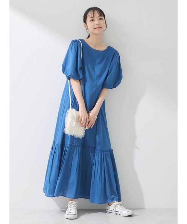 earth music&ecology コットンボイルパフスリーブワンピース Blue