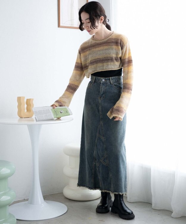 WEGO 段染めボーダーショートニット ブラウン