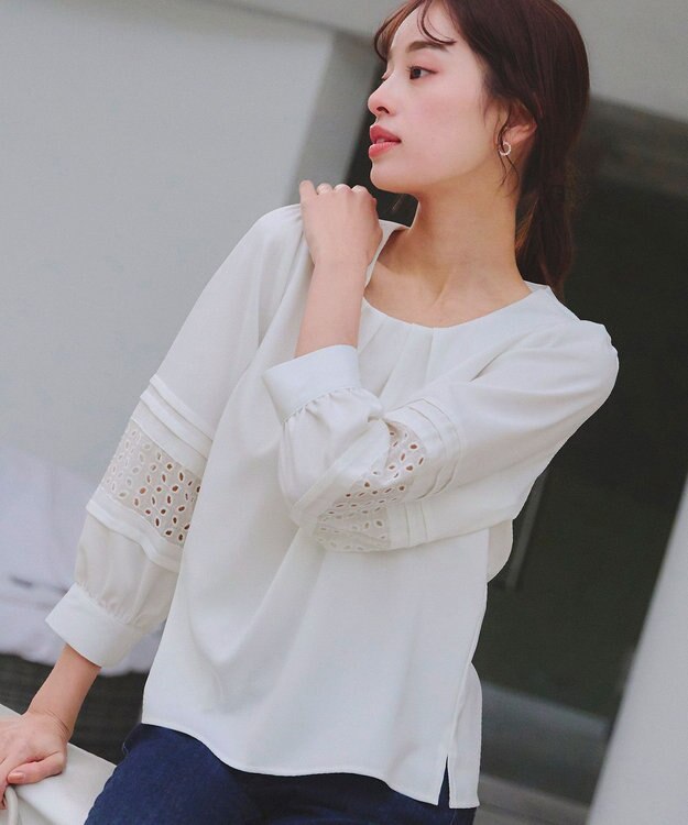 Tiaclasse L 【洗える】袖レースはさみこみシャツ オフホワイト