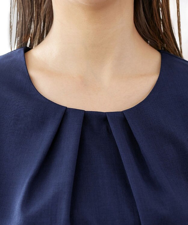 Tiaclasse L 【洗える】袖レースはさみこみシャツ ネイビー