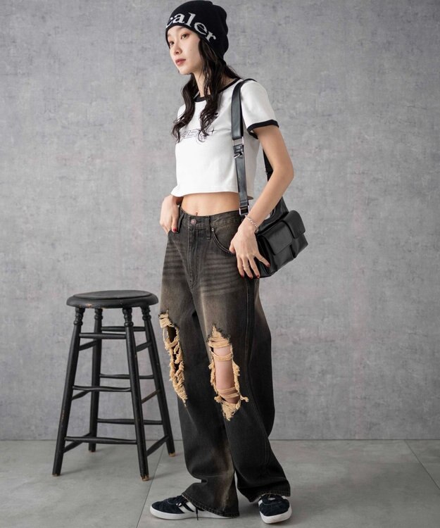 WEGO ヴィンテージウォッシュダメージデニムパンツ ブラック中濃色