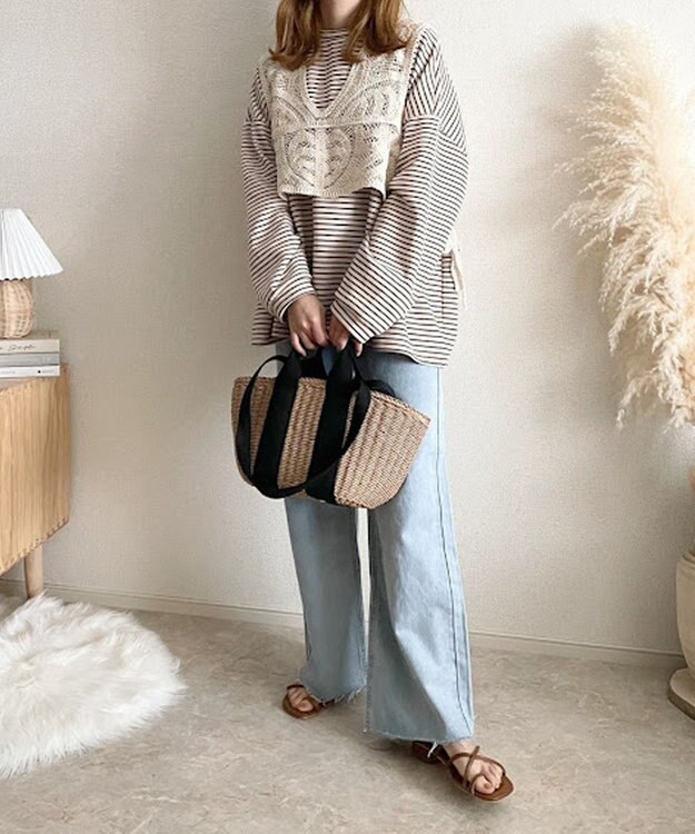 LA BAGAGERIE 【maison vert】 【ペーパー素材・多収納】ダブルハンドルかごバッグ ブラック×ベージュ