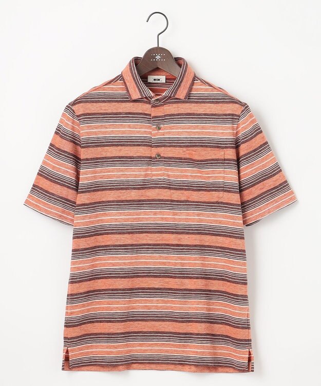 JOSEPH ABBOUD 【キングサイズ・吸水速乾】リネンマルチボーダー ポロシャツ オレンジ系2