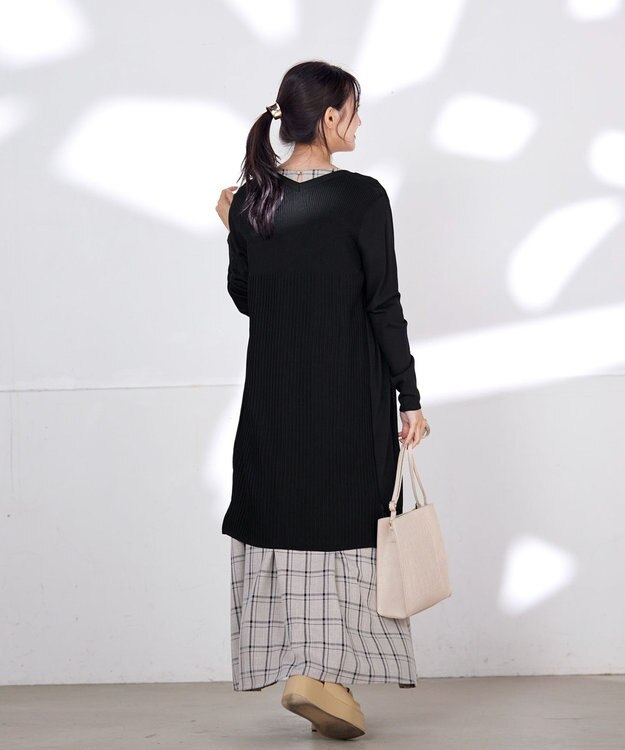 Tiaclasse 【洗える】バックリブプリーツ編みロングカーディガン ブラック