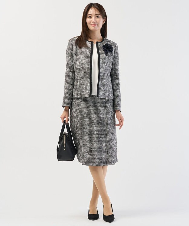 J.PRESS LADIES 【セットアップ対応】ファンシーツイード ノーカラー ジャケット ブラックミックス系
