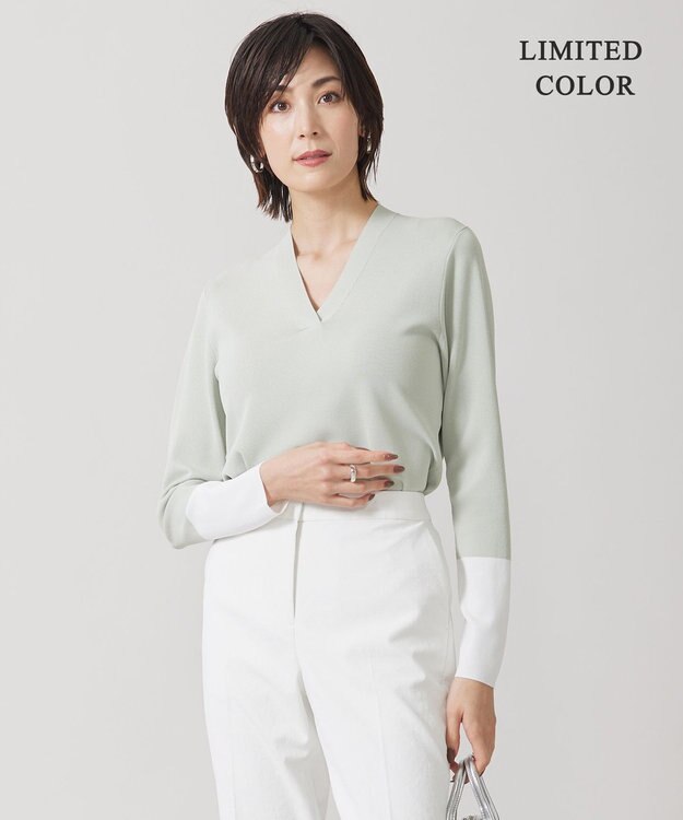 ICB 【WEB限定カラーあり・洗える】 シンセティックフルニードル Vネックプルオーバー ピスタチオ×オフホワイト系［WEB限定］