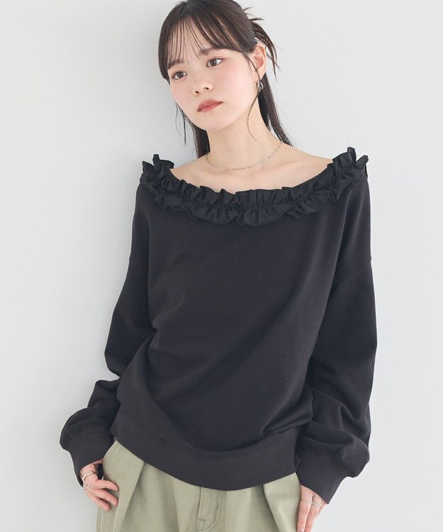 earth music&ecology フリルオフショルウラケスウェット Black