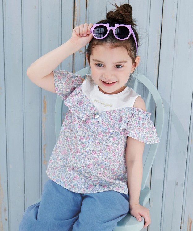 ANY KIDS オフショルダー フリル ブラウス サックスブルー系花柄