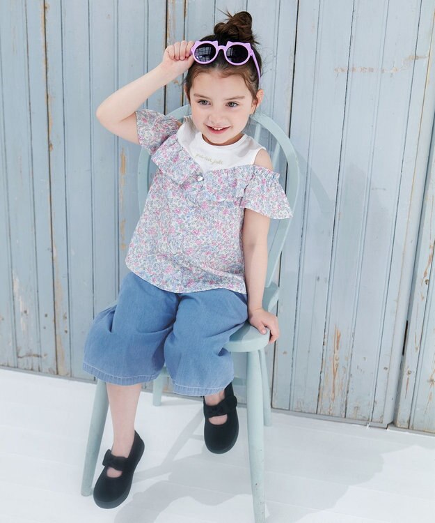 ANY KIDS オフショルダー フリル ブラウス サックスブルー系花柄