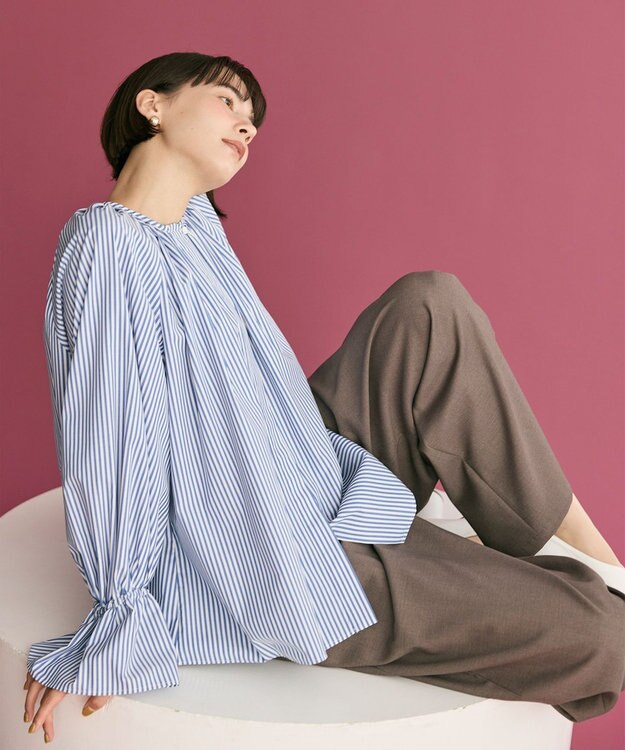 #Newans 【洗濯機可】フルギャザーブラウス ブルーストライプ