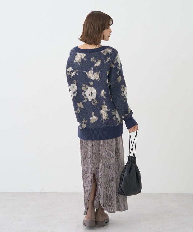 earth music&ecology フラワージャガードラメシャギーカーディガン Navy