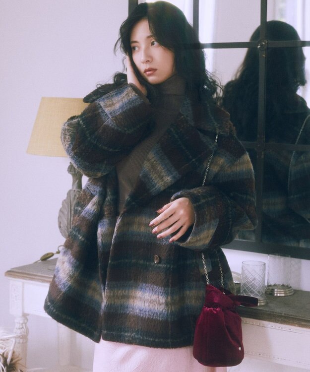 earth music&ecology チェックシャギーコート Check Brown