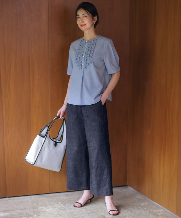 J.PRESS LADIES ソフトシャンブレー ストレートパンツ ネイビー系