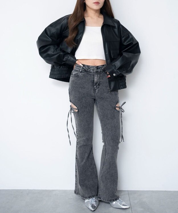 WEGO 【SMサイズ展開/伸びる】カットアウトリボンストレッチフレアデニムパンツ ブラックその他