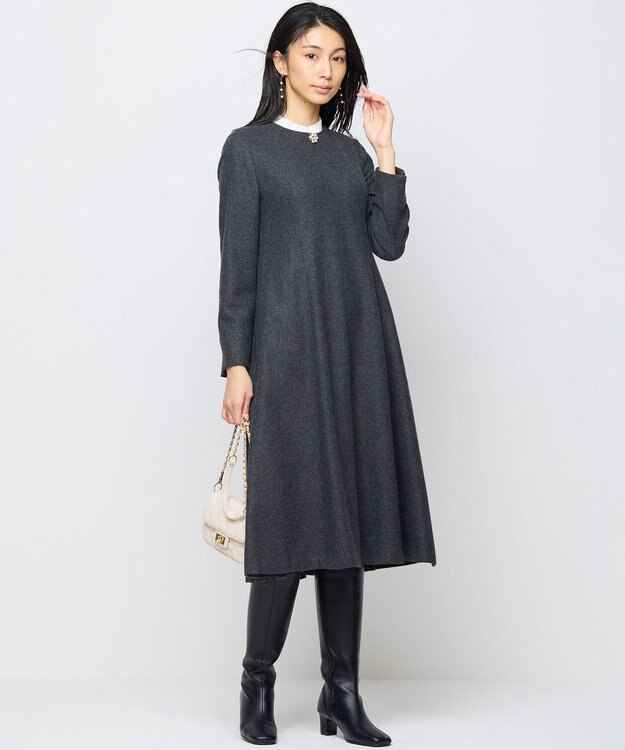 組曲 【2WAY】ラメフラノ フリル襟ワンピース チャコールグレー系