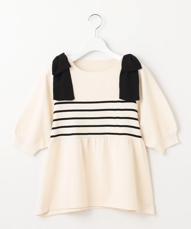 Feroux 肩リボン ペプラムニット ブラック系ボーダー