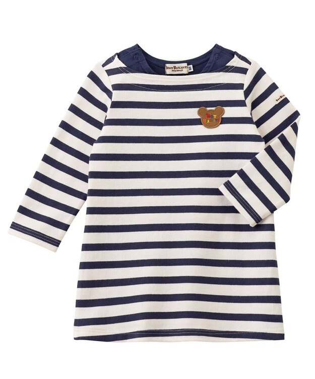 MIKI HOUSE HOT BISCUITS 【80-120cm】 ボーダー 長袖ワンピース 紺×白