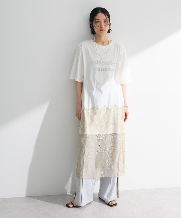 Green Parks 裾レースドッキングカットロゴチュニック Off White