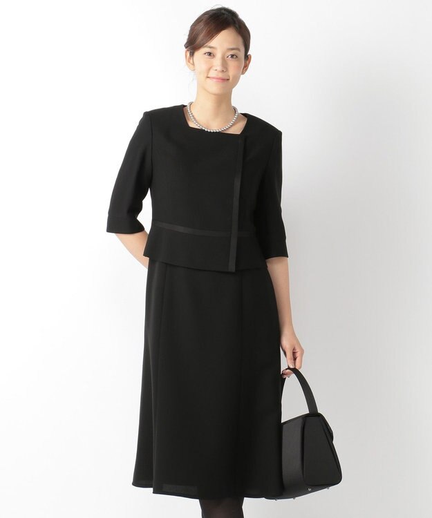 自由区 FORMAL 【ウォッシャブル対応】ドビーボーダーリボン ジャケット+ワンピース ブラック系