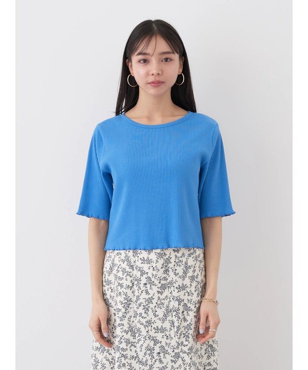 earth music&ecology ドットボタン５分袖リブプルオーバー Blue