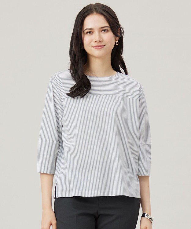 自由区 L 【接触冷感・UVカット・洗える】ストライプコットンハイゲージフォルムスリーブ カットソー オフ×ブルーグレー