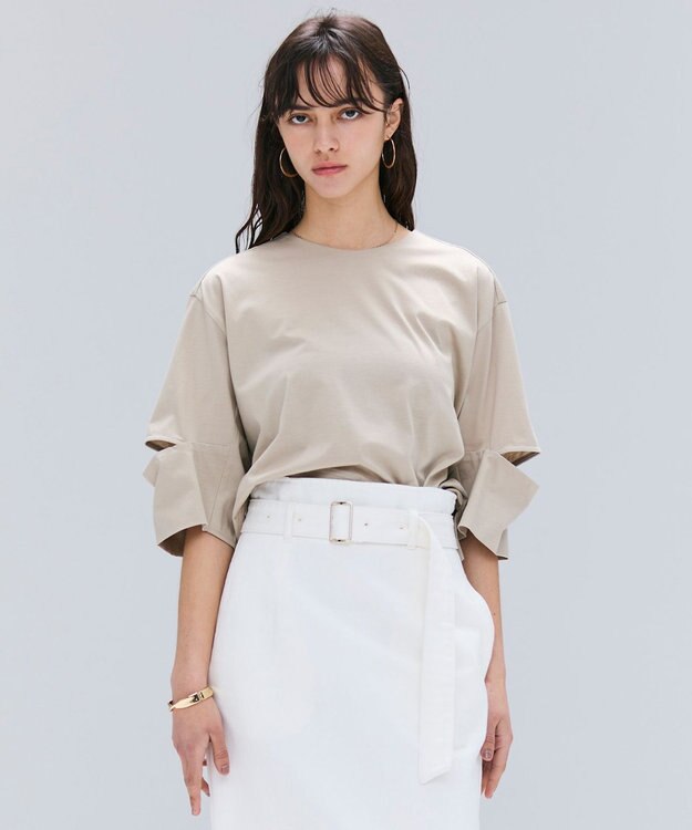 BEIGE， 【洗える】DUOMO / コットンスリットスリーブトップス Taupe