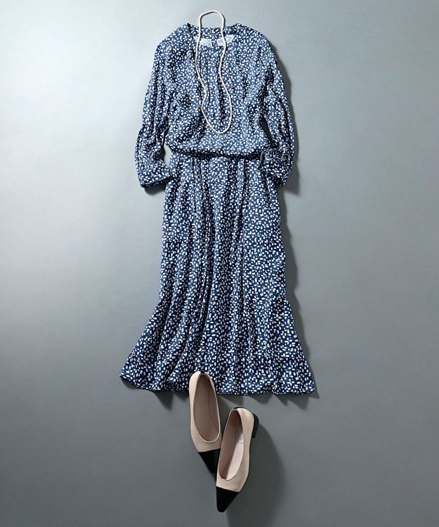 自由区 L 【カタログ掲載・セットアップ対応・洗える】ジオメトリックフラワードットプリント スカート ネイビー系