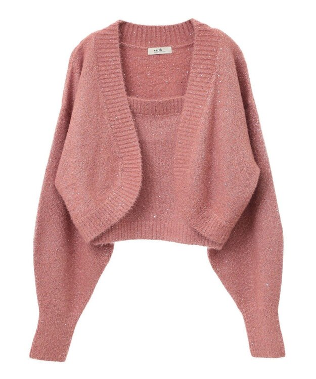 earth music&ecology ＳＥＴ２点スパンコールニットボレロ×タンク Pink