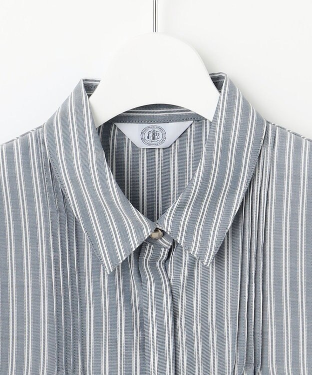 J.PRESS LADIES 【洗える】ウォッシャブルキュプラツイル ピンタック ブラウス ネイビーシャンブレーストライプ系