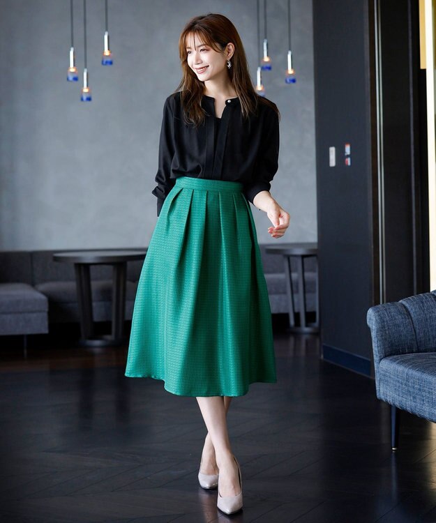 Tiaclasse フレアツイードスカート グリーン
