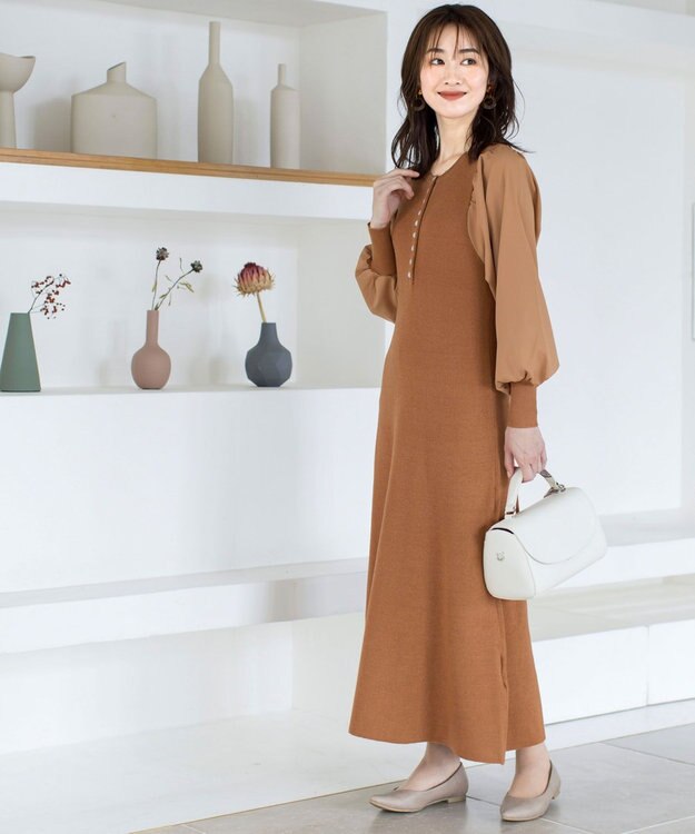 Tiaclasse 【洗える】パフ袖が大人可愛い袖コンビニットワンピース オレンジ