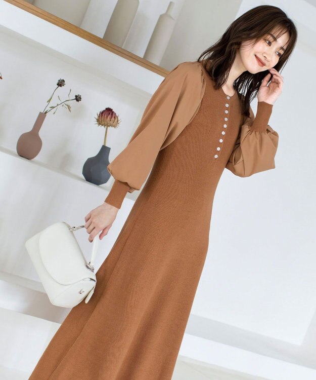 Tiaclasse 【洗える】パフ袖が大人可愛い袖コンビニットワンピース オレンジ