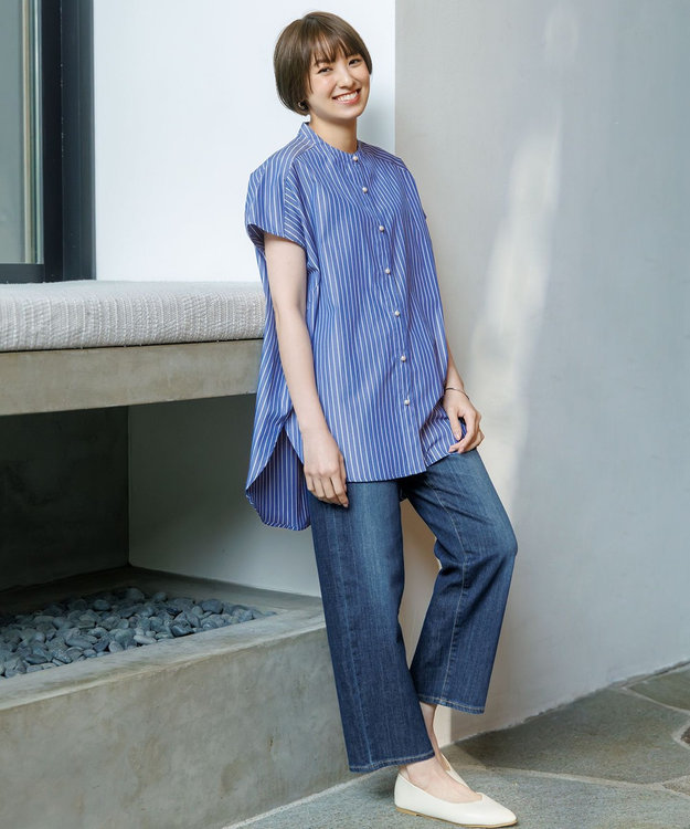 ANY 【洗濯機可】ラメストライプ半袖シャツブラウス ネイビー×オフストライプ